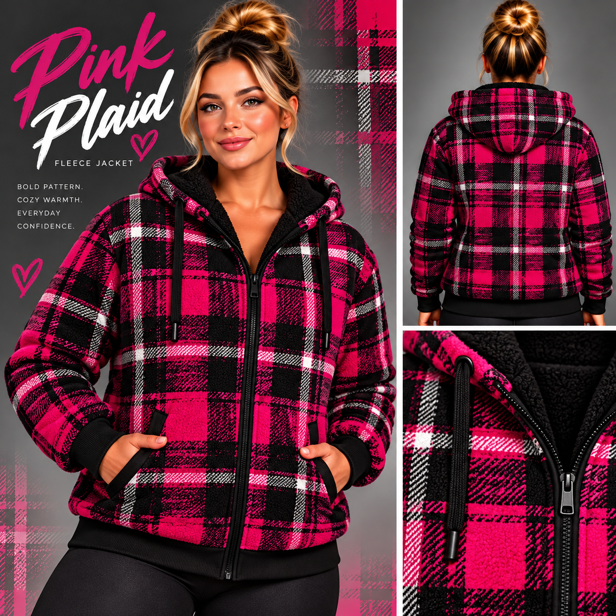 Pink Plaid-FLEECE LINED HOODED JACKET-PREORDER CLOSING 11/9
