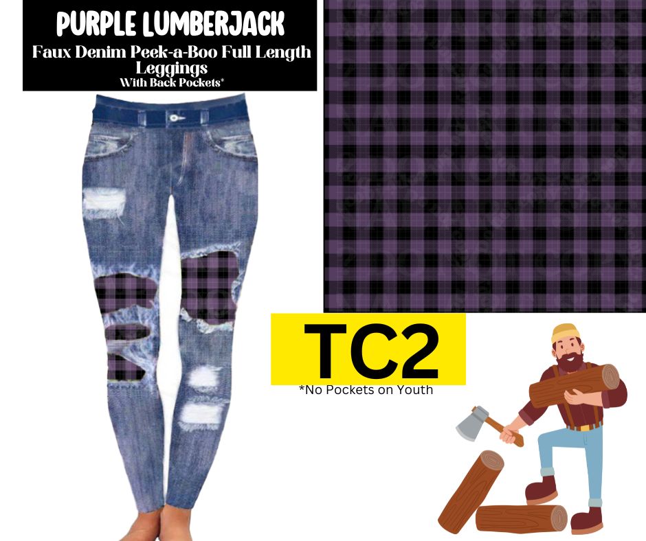Purple Lumberjack Faux Denim Full Length Peekaboo Leggings