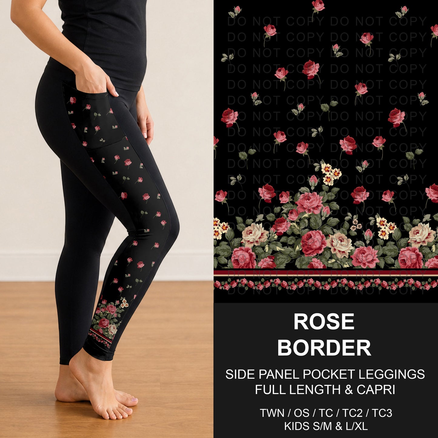 B316 - Preorder Rose Border Side Panel Pocket Leggings (Closes 10/11. ETA: mid Dec.)