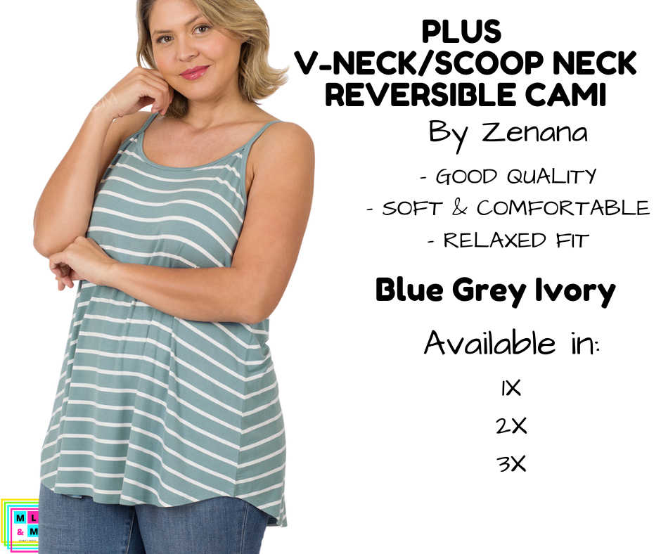 PLUS V-Neck/Scoop Neck Reversible Cami - Blue Grey/Ivory