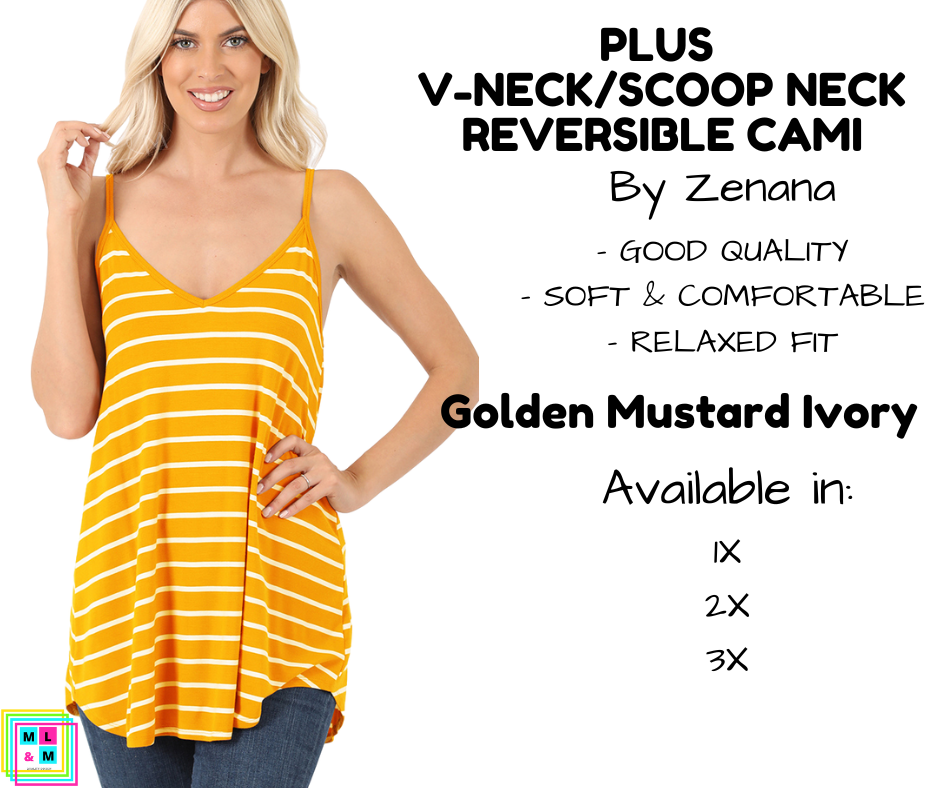 PLUS V-Neck/Scoop Neck Reversible Cami - Striped Golden Mustard/Ivory