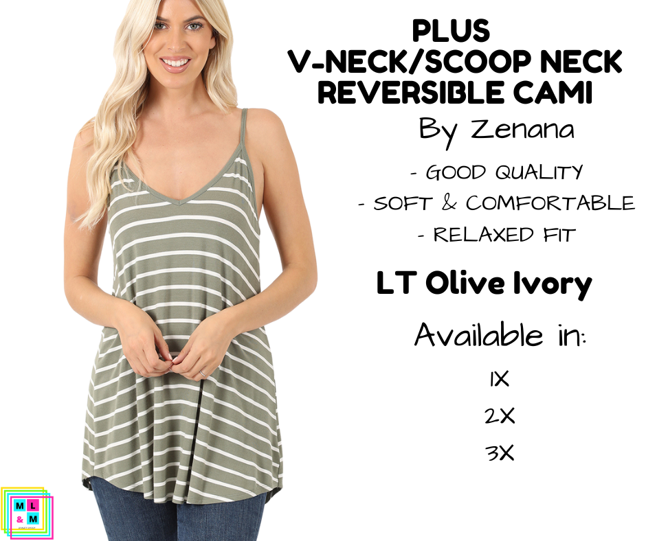 PLUS V-Neck/Scoop Neck Reversible Cami - LT Olive/Ivory