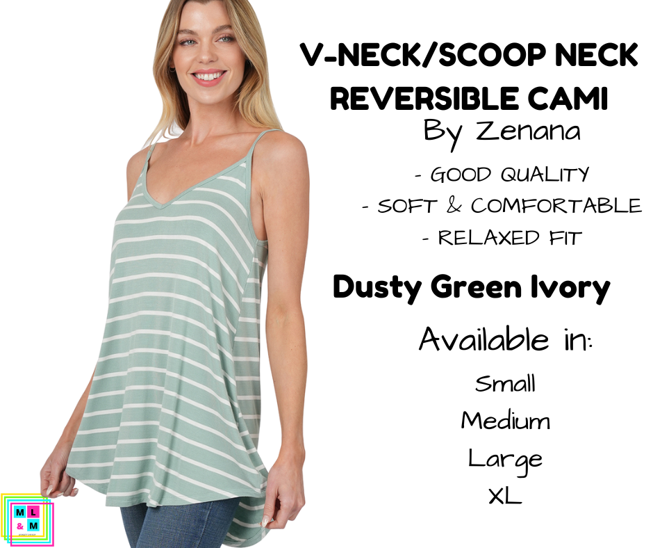 V-Neck/Scoop Neck Reversible Cami - Dusty Green/Ivory