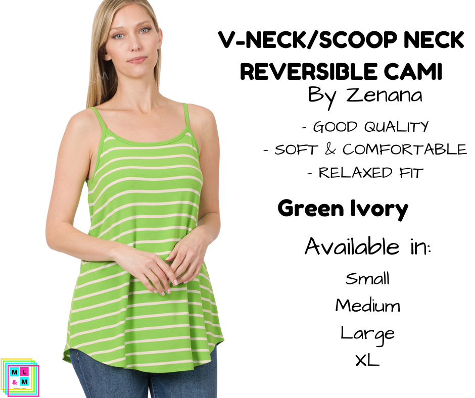 V-Neck/Scoop Neck Reversible Cami - Green/Ivory