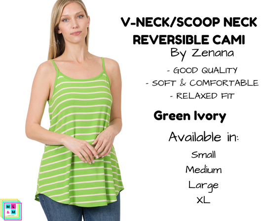 V-Neck/Scoop Neck Reversible Cami - Green/Ivory