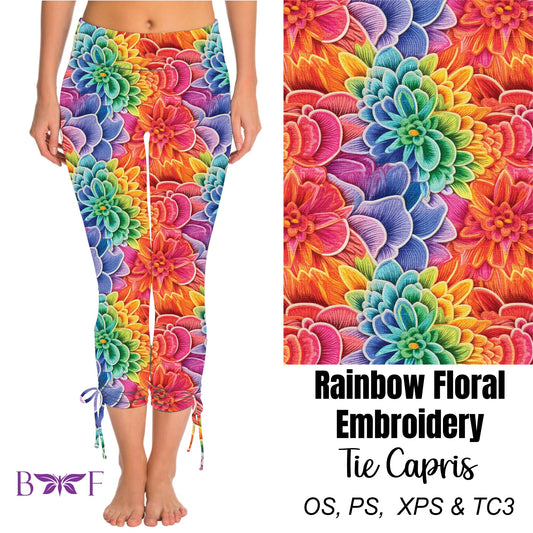 Rainbow Floral Embroidery Side Tie Capris