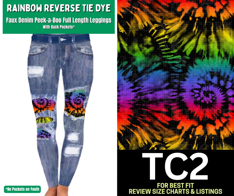 Rainbow Reverse Tie Dye Faux Denim Full Length Peekaboo Leggings