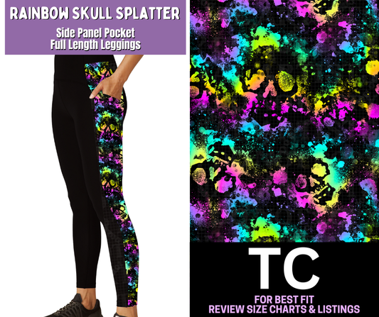 Rainbow Skull Splatter Side Panel Pocket Full Length Leggings
