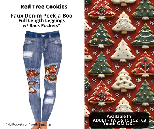 Red Tree Cookies Faux Denim Full Length Peekaboo Leggings