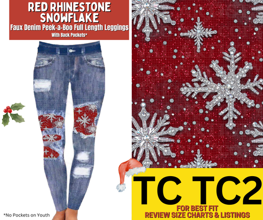 Red Rhinestone Snowflake Faux Denim Full Length Peekaboo Leggings
