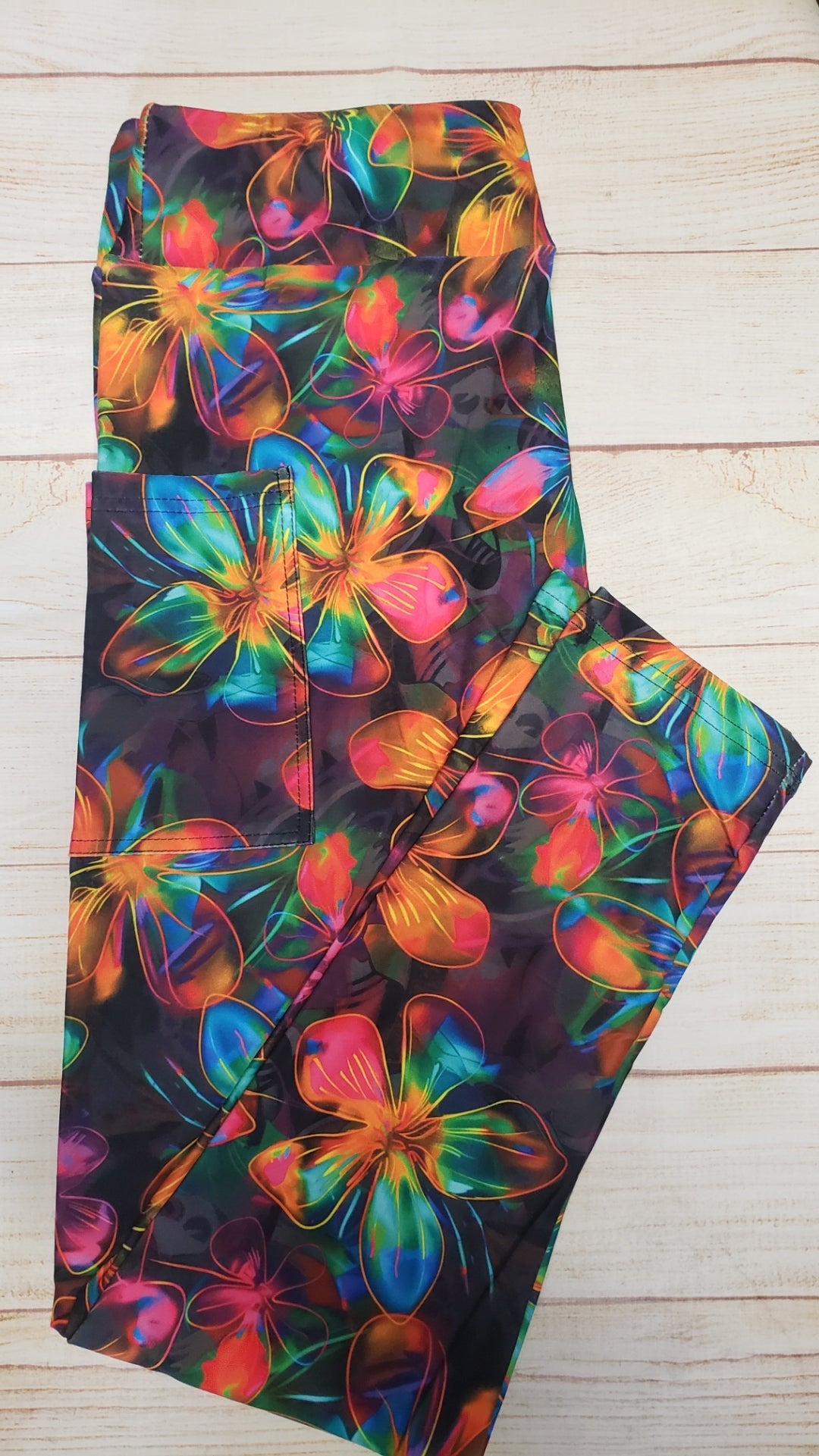 Neon Flowers leggings and skorts with pockets