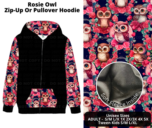 Preorder! Closes 11/28. ETA Feb. Rosie Owl Zip-Up or Pullover Hoodie