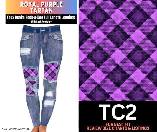 Royal Purple Tartan Faux Denim Full Length Peekaboo Leggings