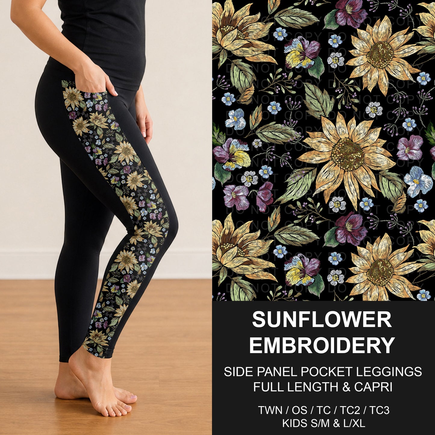 B316 - Preorder Sunflower Embroidery Side Panel Pocket Leggings (Closes 10/11. ETA: mid Dec.)