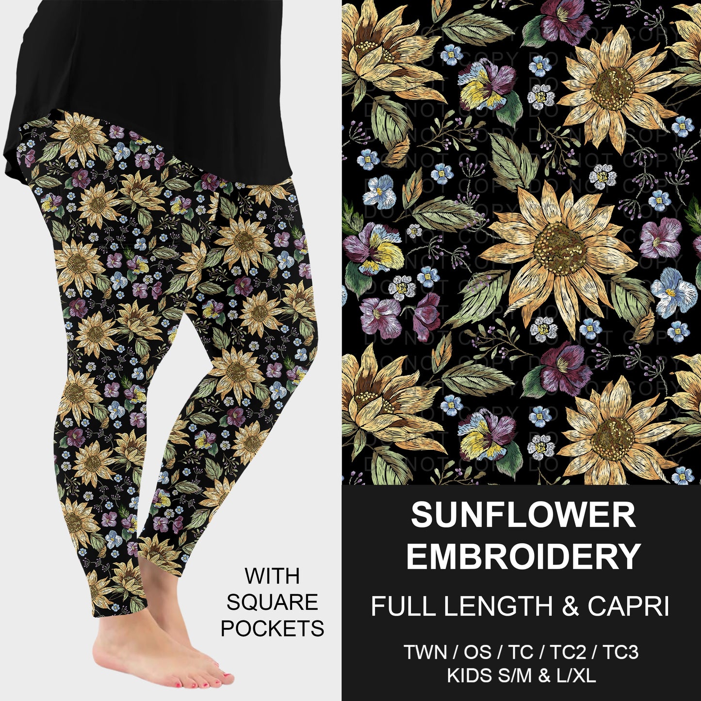 B316 - Preorder Sunflower Embroidery Leggings w/ Pockets (Closes 10/11. ETA: mid Dec.)