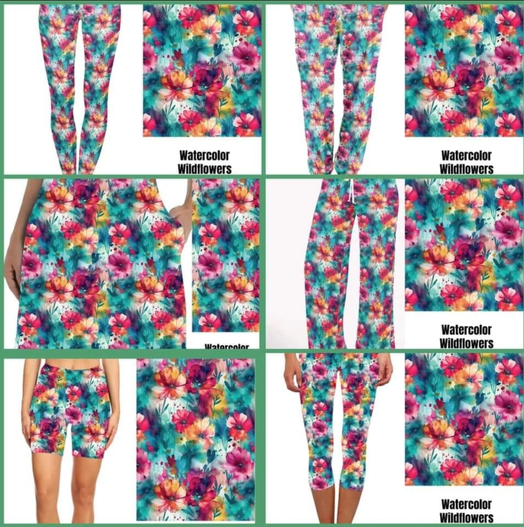 Watercolor Wildflowers Leggings, Capris, Lounge Pants and Joggers