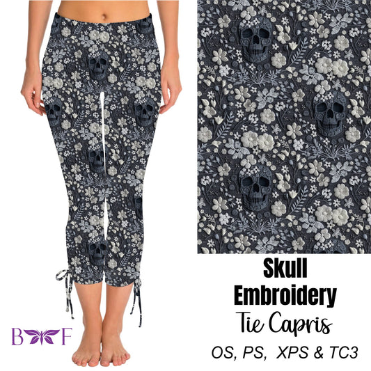 Skull Embroidery Side Tie Capris