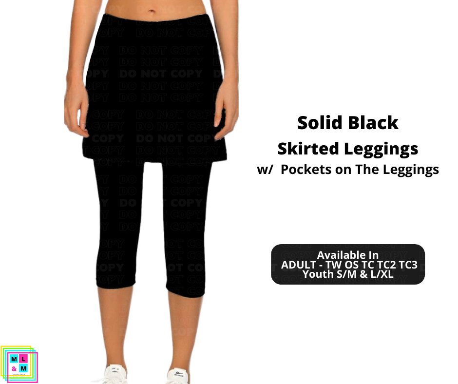 Solid Black Skirted Capri Length Leggings w/ Pockets