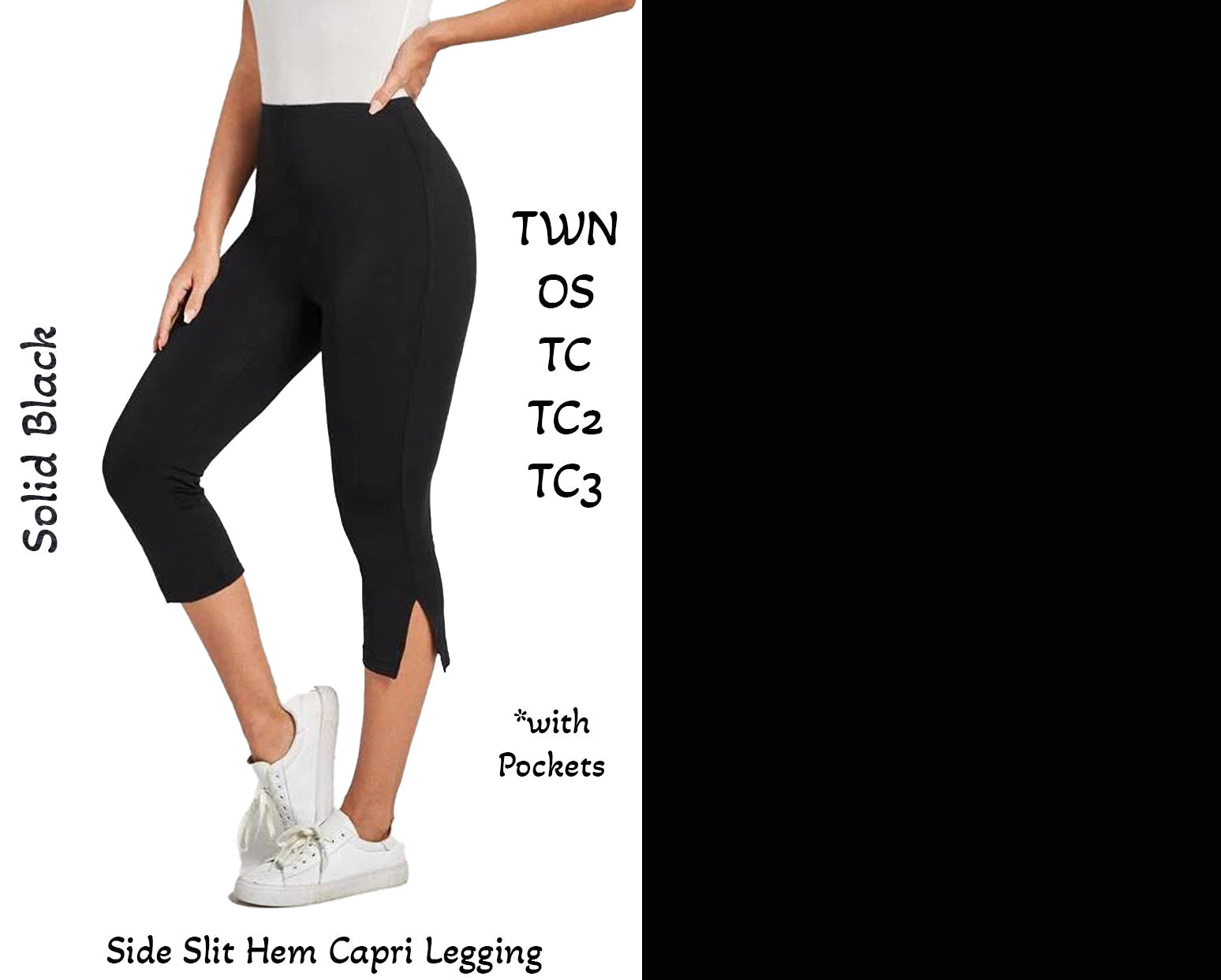Solid Black Side Slit Hem Capri Leggings with Pockets – Sarah Bears Beary  Charming Boutique