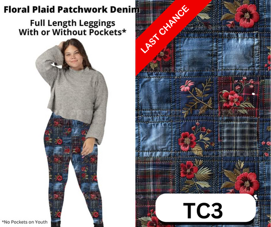 Floral Plaid Patchwork Denim Full Length Leggings w/ Pockets