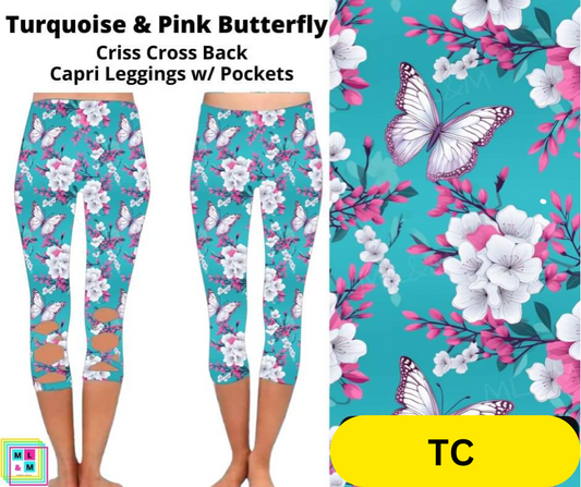 Turquoise & Pink Butterfly Criss Cross Capri w/ Pockets