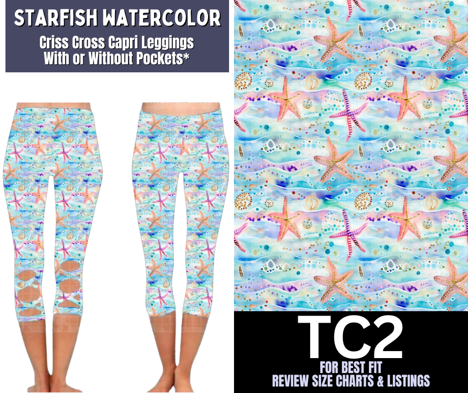 Starfish Watercolor Criss Cross Capri w/ Pockets