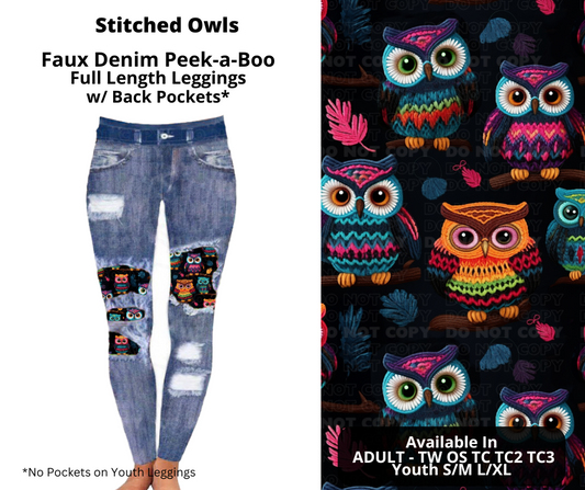 Stitched Owls Faux Denim Full Length Peekaboo Leggings