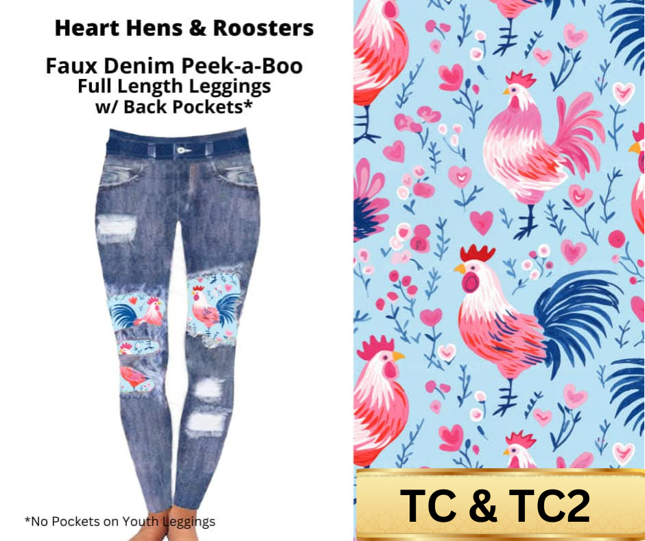 Heart Hens & Roosters Faux Denim Full Length Peekaboo Leggings