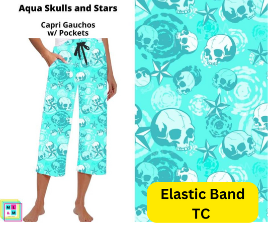 Aqua Skulls and Stars Capri Gauchos