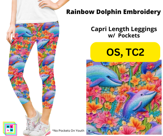 Rainbow Dolphin Embroidery Capri Length w/ Pockets