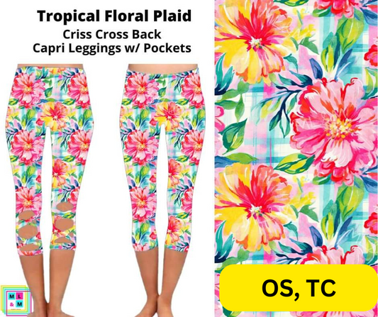 Tropical Floral Plaid Criss Cross Capri w/ Pockets