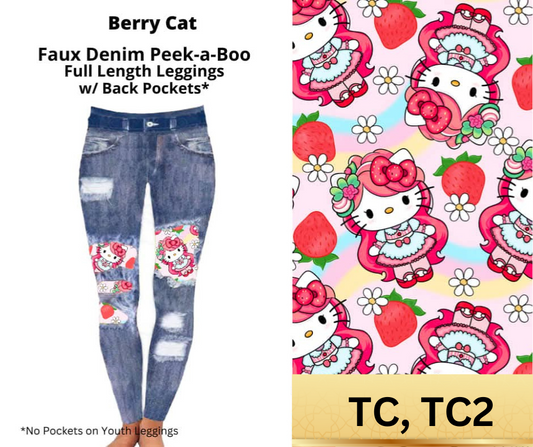 Berry Cat Faux Denim Full Length Peekaboo Leggings