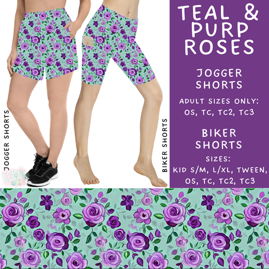 Ready to Ship - Teal & Purp Roses Jogger Shorts - TC2