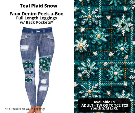 Teal Plaid Snow Faux Denim Full Length Peekaboo Leggings