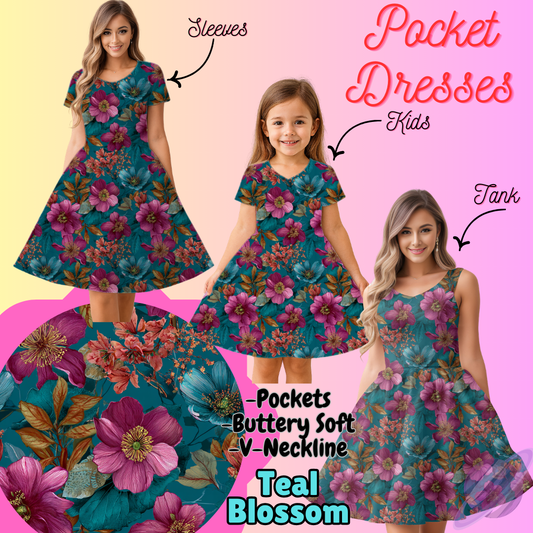 TEAL BLOSSOM-POCKET DRESS PREORDER-CLOSING 3/16