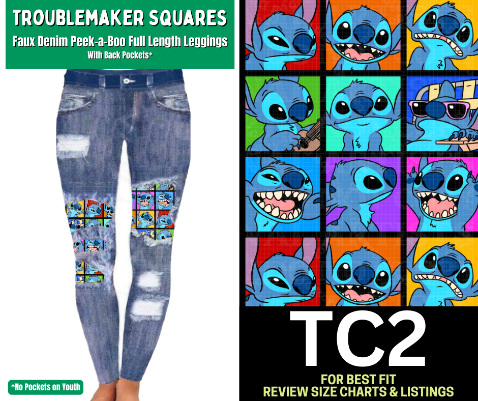 Troublemaker Squares Faux Denim Full Length Peekaboo Leggings