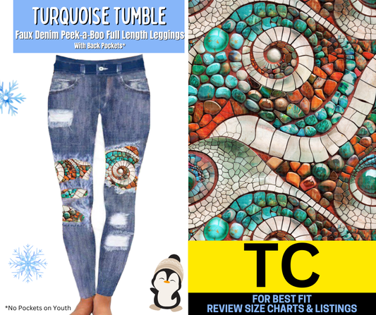 Turquoise Tumble Faux Denim Full Length Peekaboo Leggings