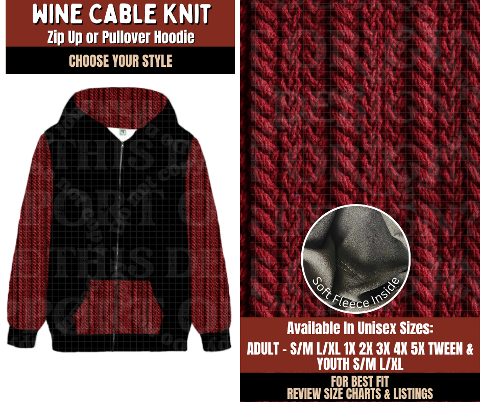 Preorder! Closes 9/21. ETA Dec. Wine Cable Knit Zip-Up or Pullover Hoodie