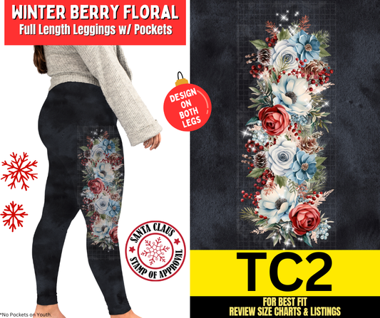 Winter Berry Floral Watercolor Full Length Leggings w/ Side Leg Designs