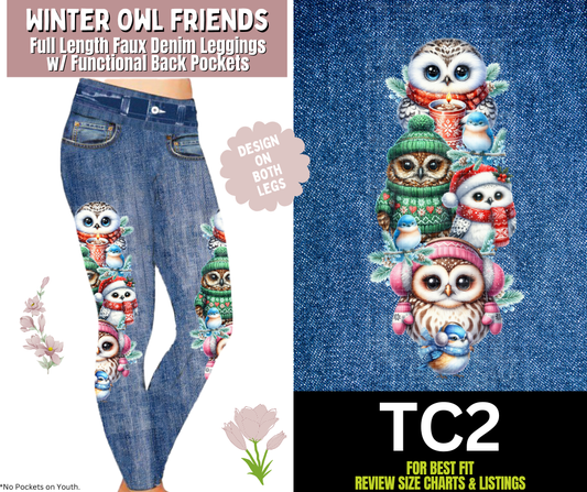 Winter Owl Friends Full Length Faux Denim w/ Side Leg Designs