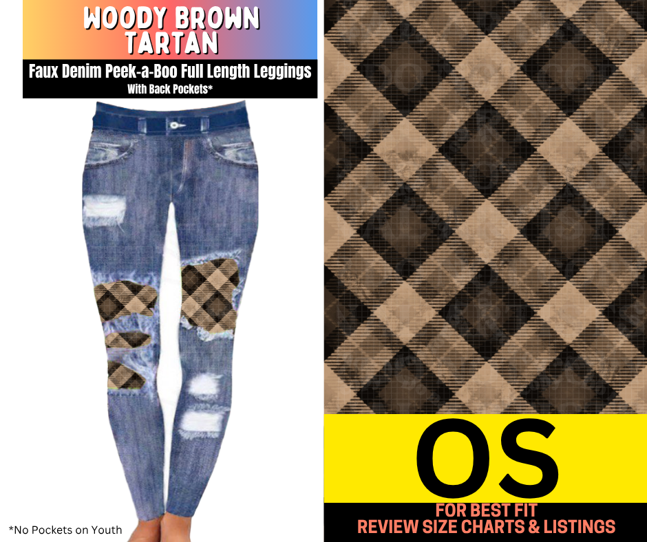 Woody Brown Tartan Faux Denim Full Length Peekaboo Leggings