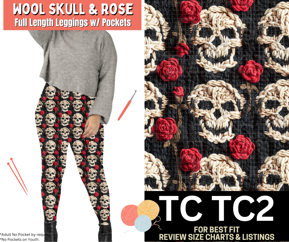 Wool Skull & Rose Full Length Leggings w/ Pockets