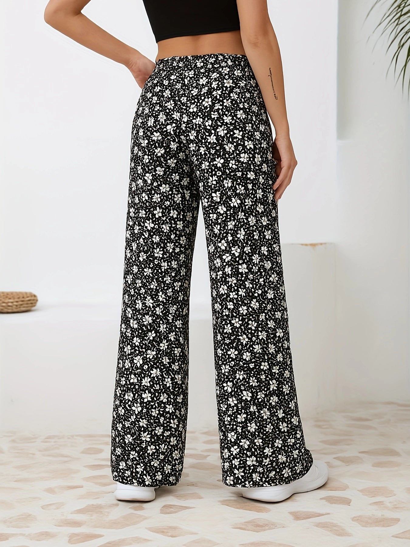 Floral Straight-Leg Pants – High-Waisted Flowy Wide-Leg Pants