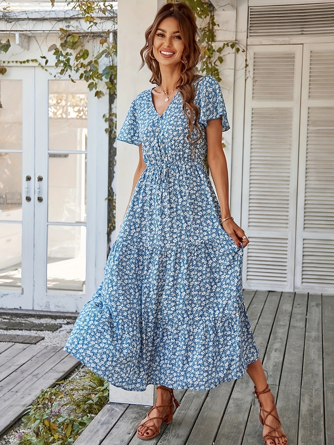 Long Floral Maxi Dress – Flowy V-Neck Dress with Side Slit