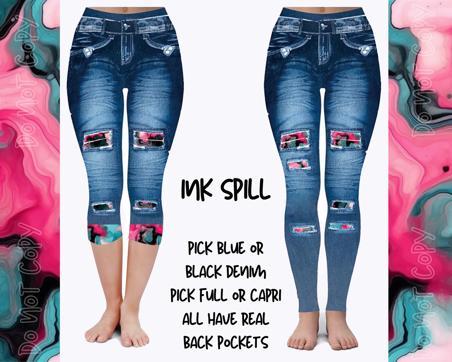 INK SPILL - DENIM RUN W/ BACK POCKETS - LEGGINGS/CAPRI – Sarah