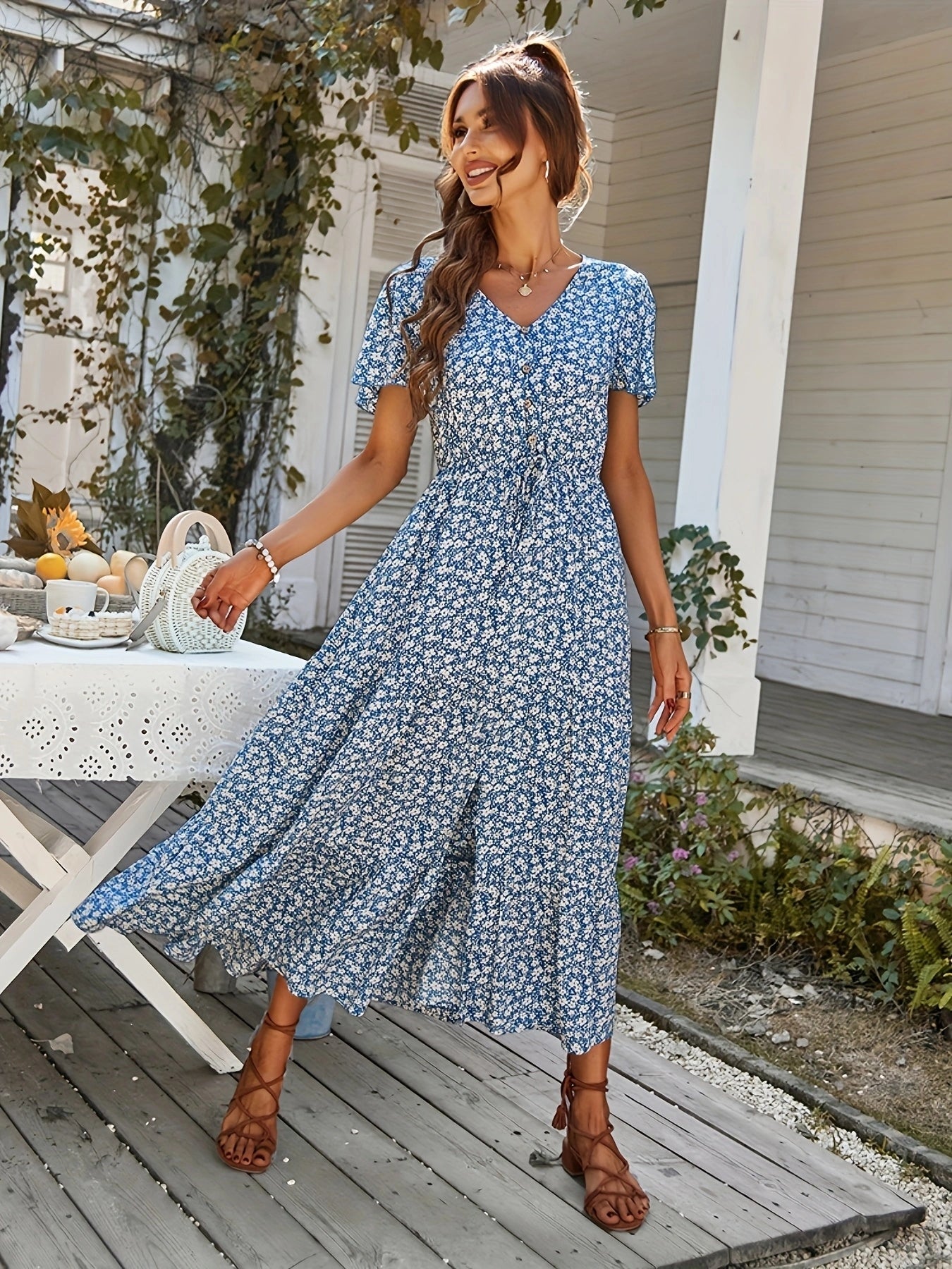 Long Floral Maxi Dress – Flowy V-Neck Dress with Side Slit
