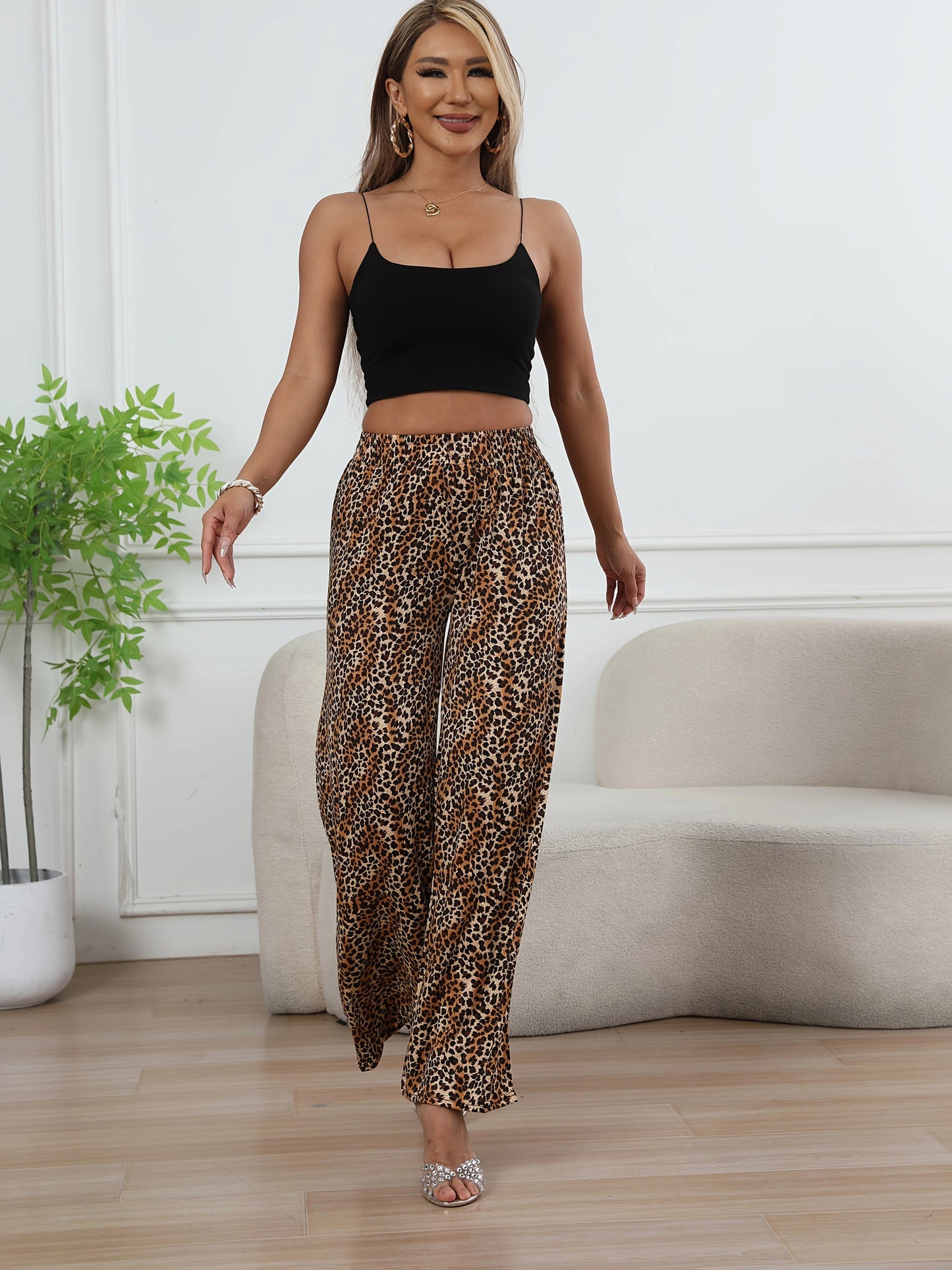 Leopard Print Wide Leg Pants – High-Waisted Stretch
