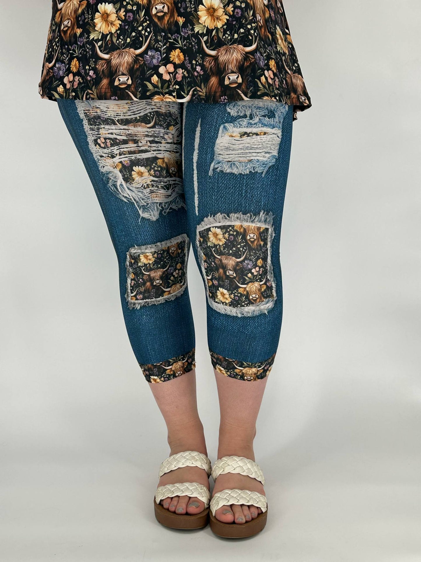 Purple Highland Cow Denim Capri w/ Back Pockets