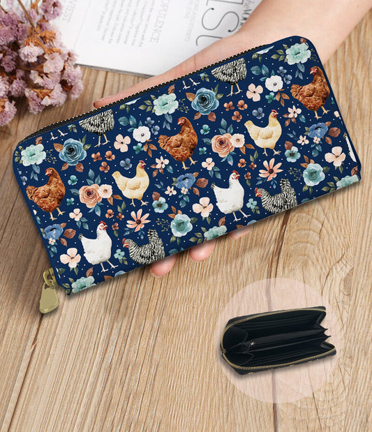 RTS - Floral Chickens Zip Around Wallet w/ Wrist Strap