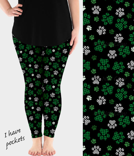 RTS - Green Plaid Paws Leggings w/ Pockets